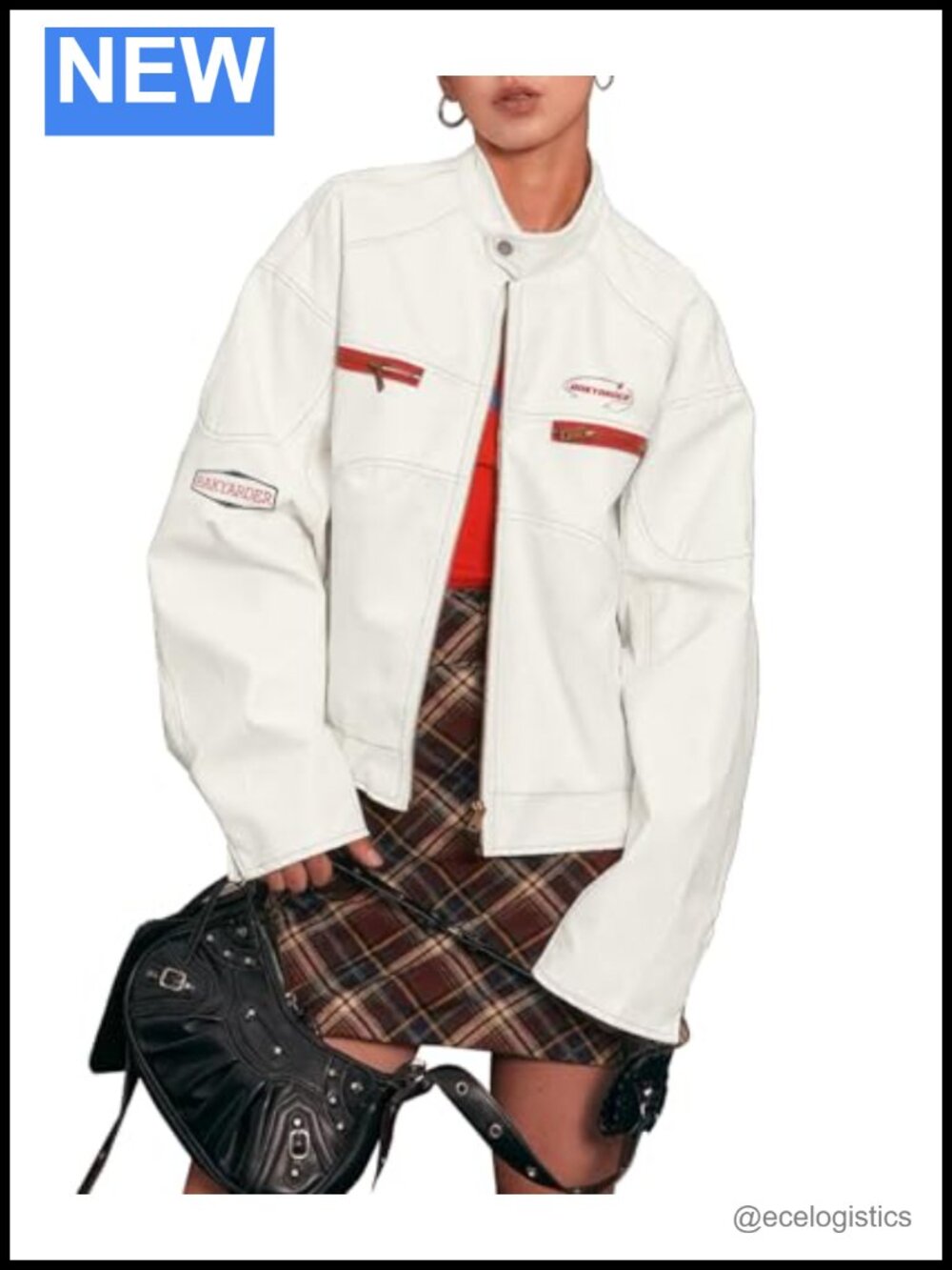 Faux Leather Moto Jacket Denim Patchwork Zip Up Streetwear Coat